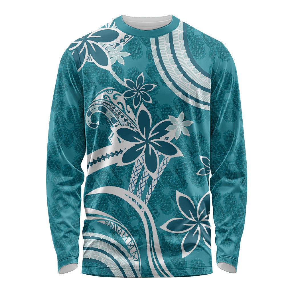 Hawaii Pupuala Plumeria Teal Long Sleeve Shirt Polynesian Pattern LT01 Unisex Teal - Polynesian Pride