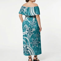 Hawaii Pupuala Plumeria Teal Off Shoulder Maxi Dress Polynesian Pattern LT01 - Polynesian Pride