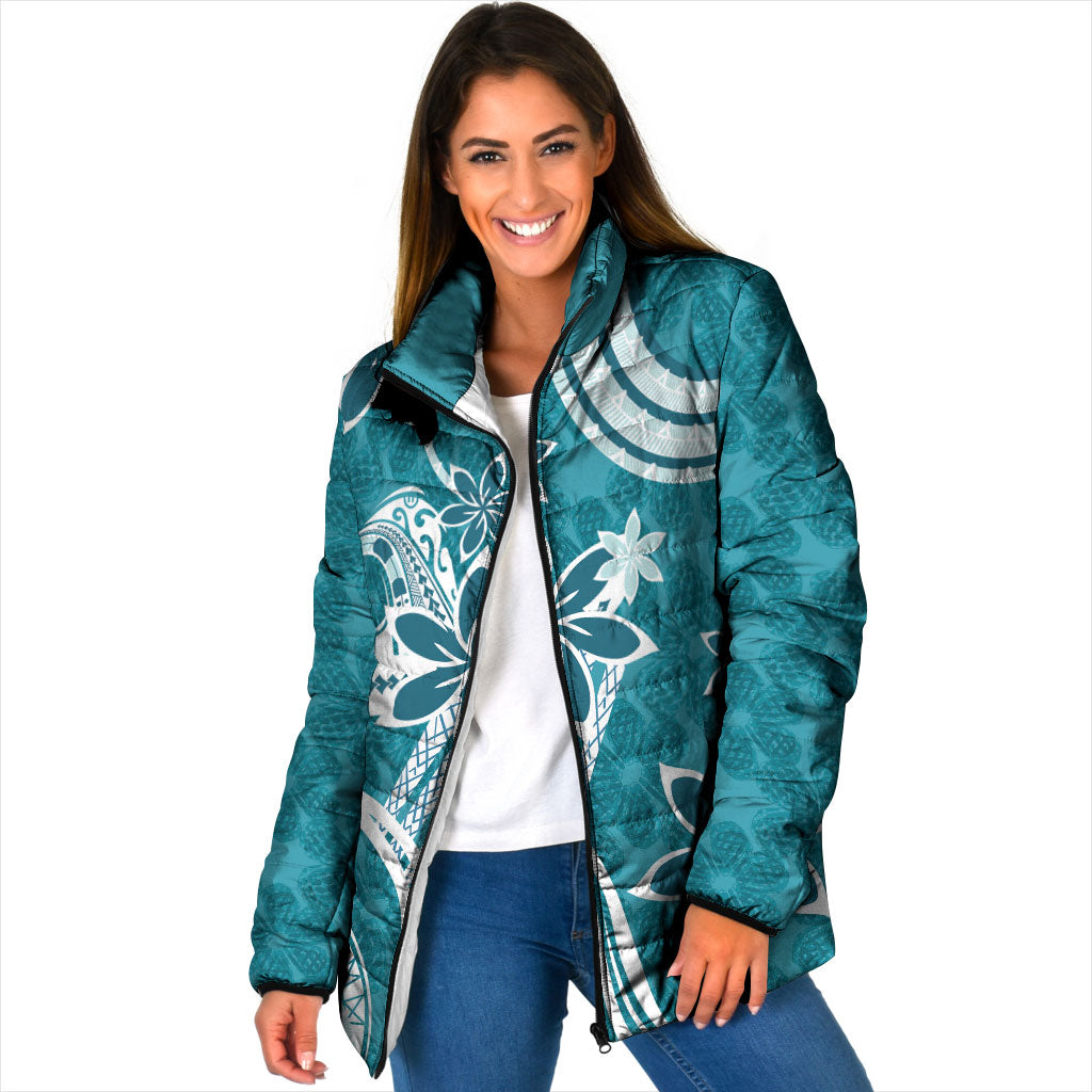 Hawaii Pupuala Plumeria Teal Padded Jacket Polynesian Pattern LT01 Women Teal - Polynesian Pride