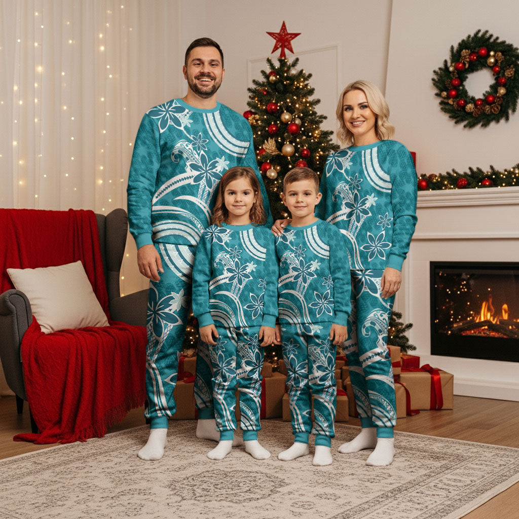 Hawaii Pupuala Plumeria Teal Christmas Pajama Set Polynesian Pattern LT01 - Polynesian Pride