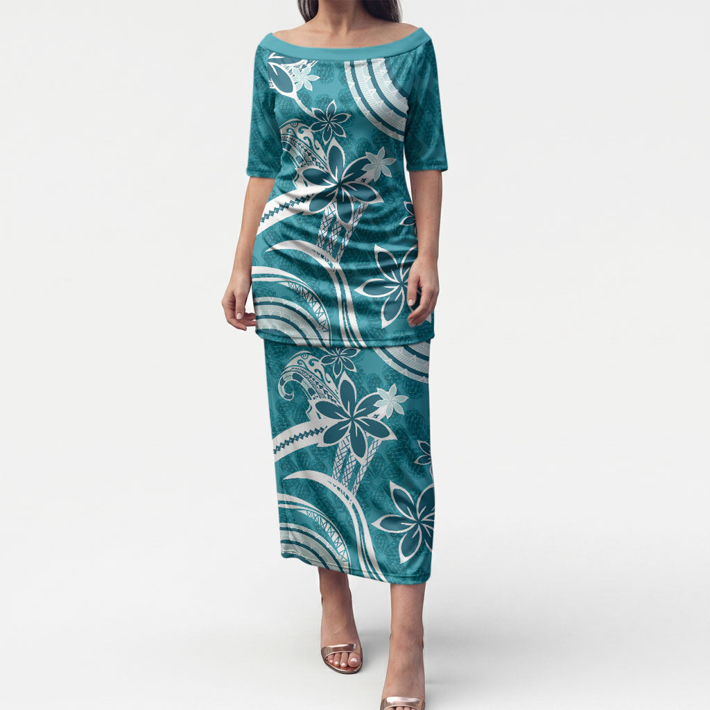 Hawaii Pupuala Plumeria Teal Puletasi Polynesian Pattern LT01 Long Dress Teal - Polynesian Pride