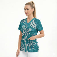 Hawaii Pupuala Plumeria Teal Scrub Top Polynesian Pattern LT01 - Polynesian Pride
