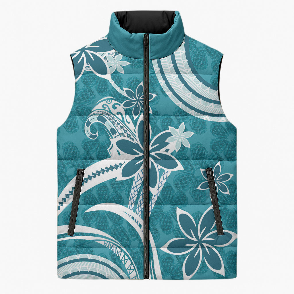 Hawaii Pupuala Plumeria Teal Sleeveless Puffer Jacket Polynesian Pattern LT01 Unisex Teal - Polynesian Pride