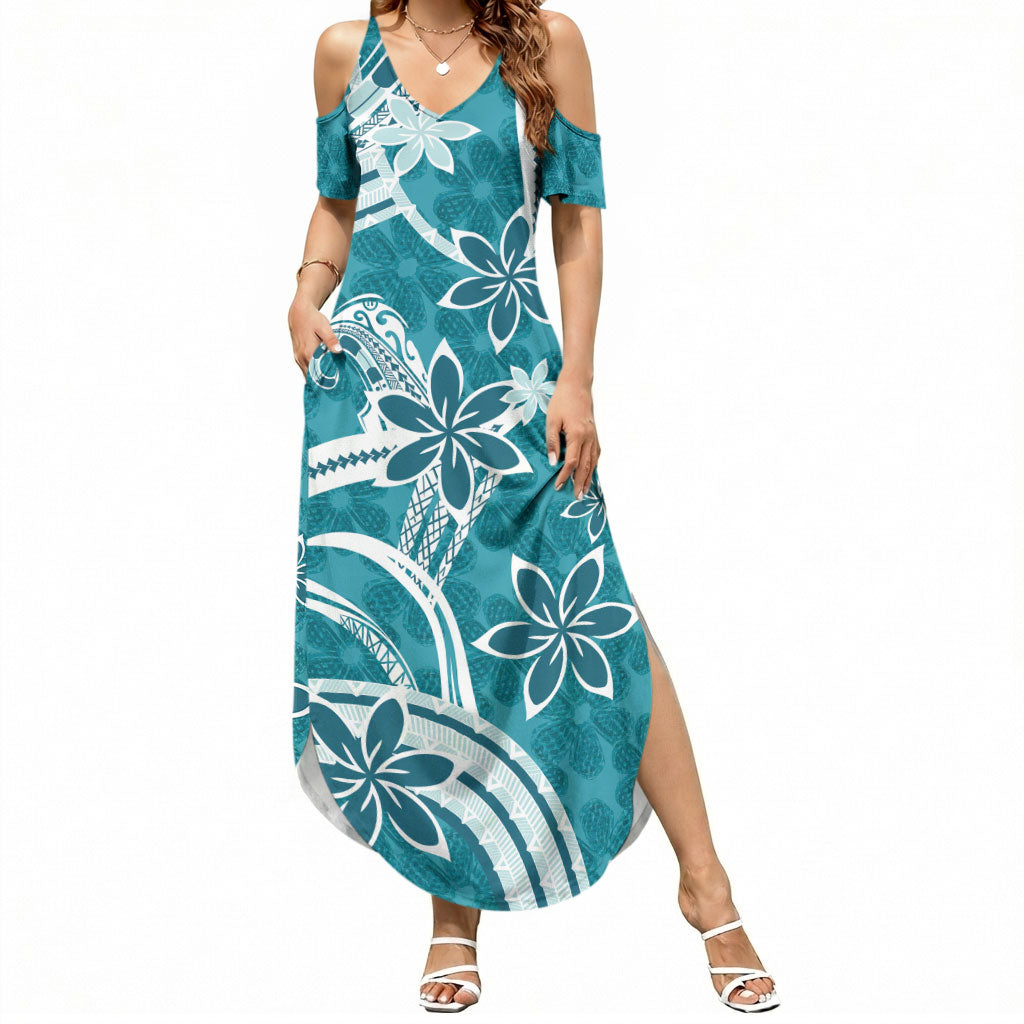 Hawaii Pupuala Plumeria Teal Summer Maxi Dress Polynesian Pattern LT01 Women Teal - Polynesian Pride