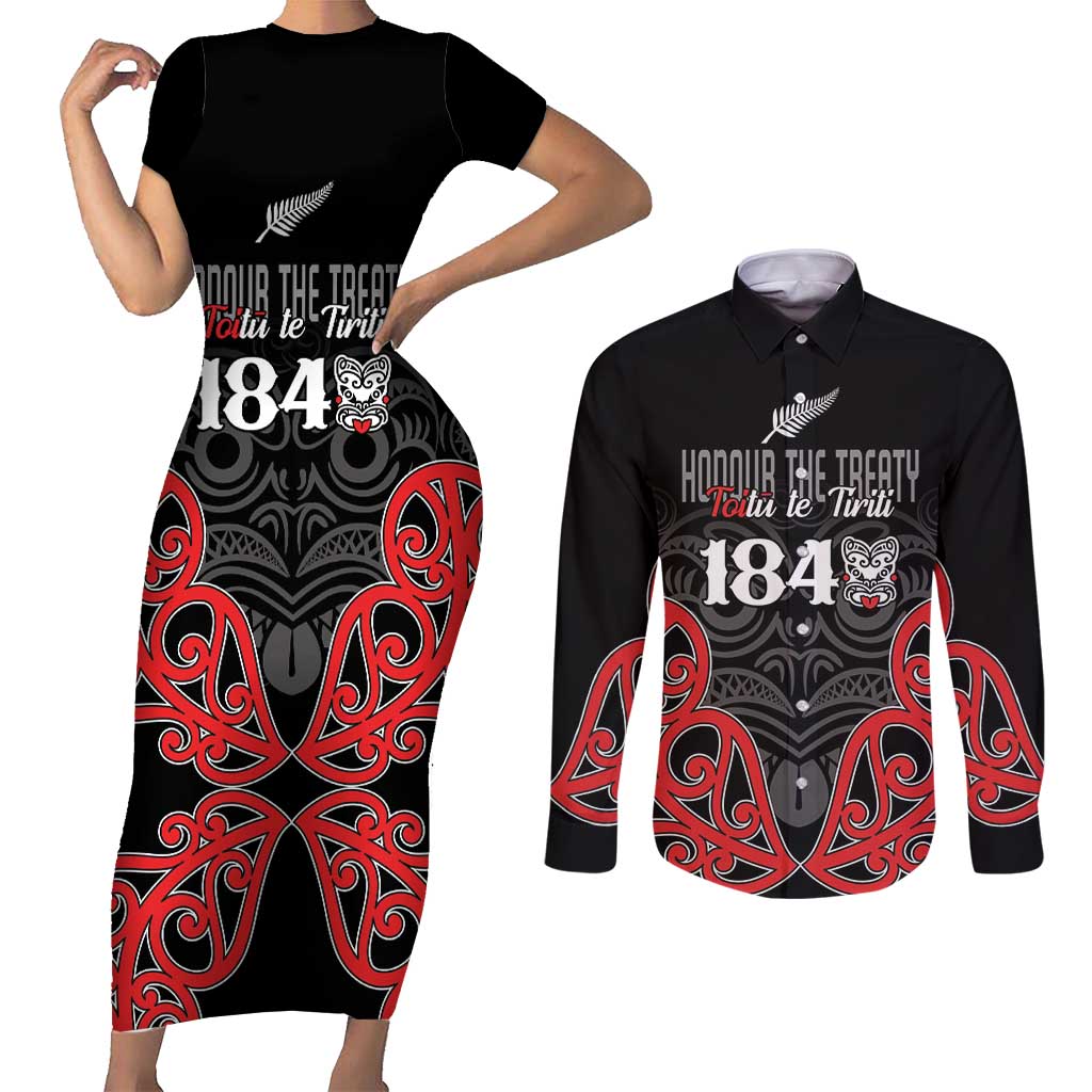 Toitu Te Tiriti 1840 Aotearoa Couples Matching Short Sleeve Bodycon Dress and Long Sleeve Button Shirt Stand Together Stand Stronger