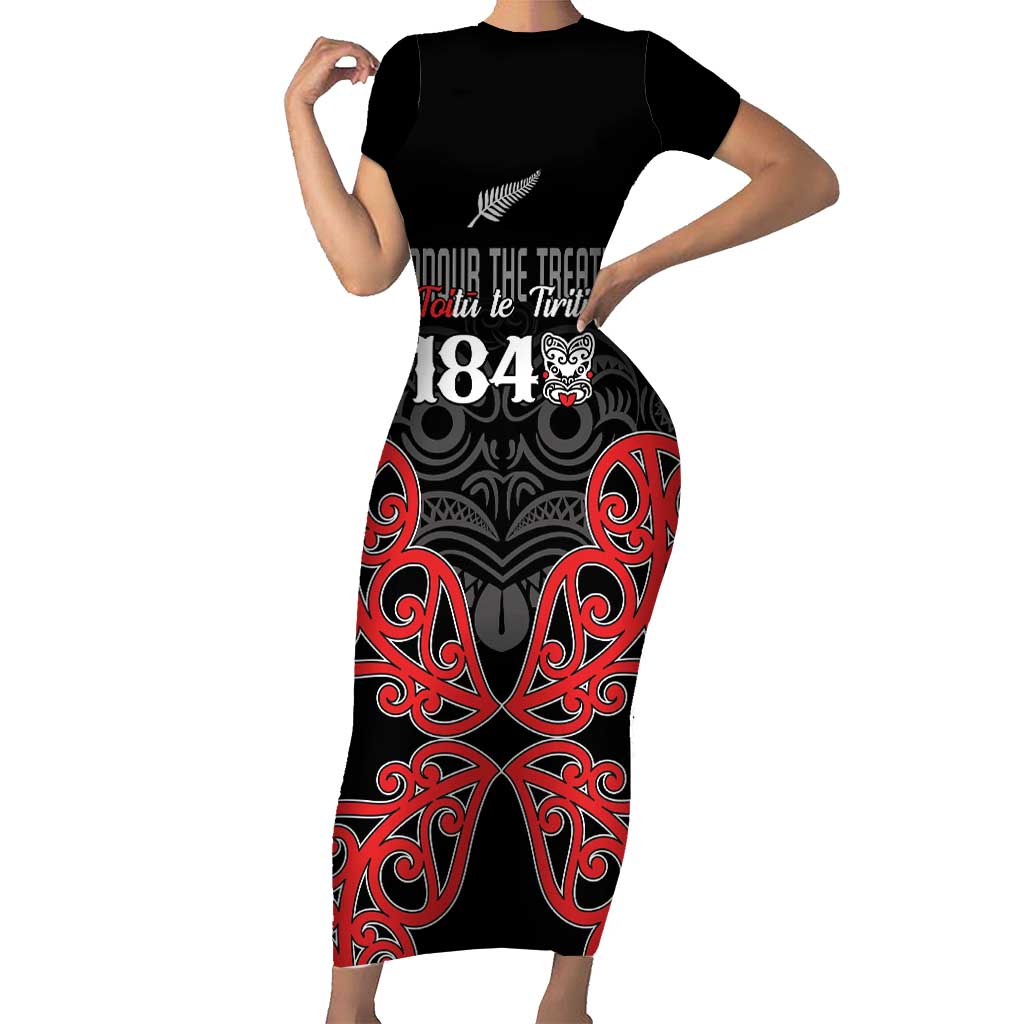 Toitu Te Tiriti 1840 Aotearoa Short Sleeve Bodycon Dress Stand Together Stand Stronger LT01 Long Dress Black - Polynesian Pride