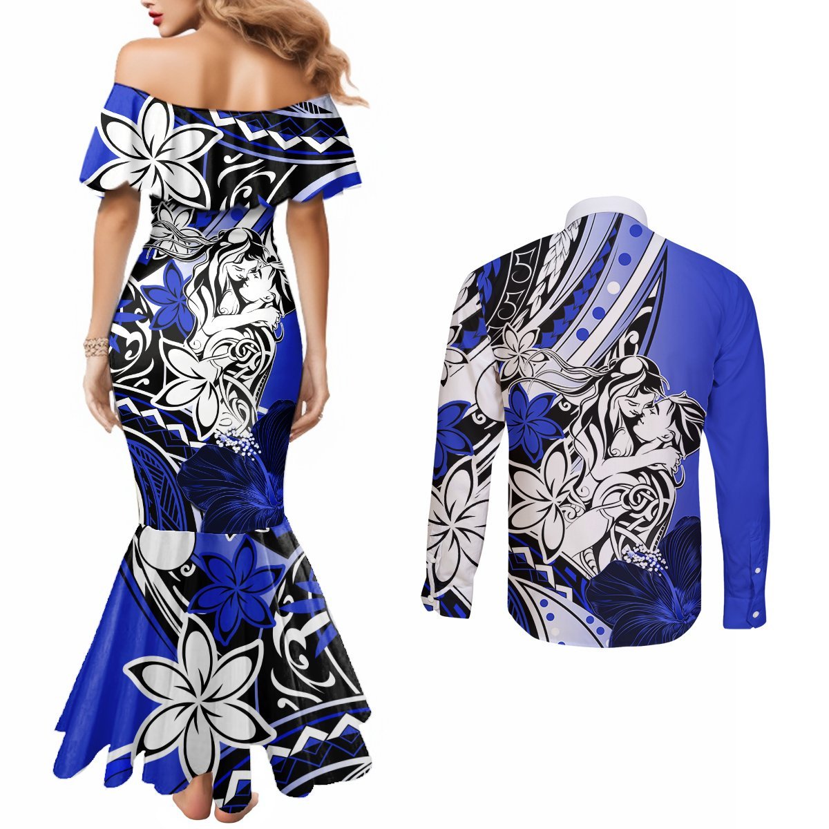 Polynesian Valentine Couples Matching Mermaid Dress and Long Sleeve Button Shirt Couple Floral Unique Blue Version LT01 - Polynesian Pride