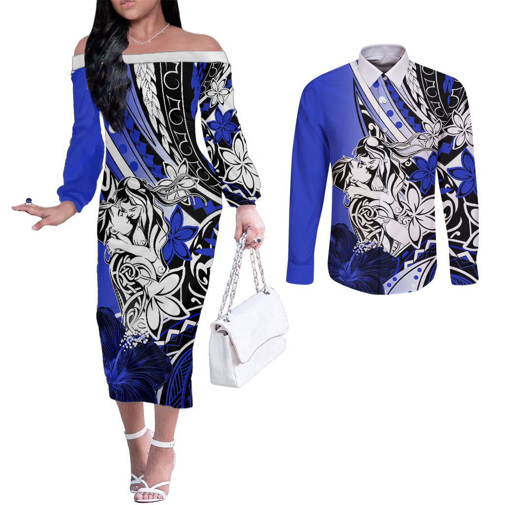 Polynesian Valentine Couples Matching Off The Shoulder Long Sleeve Dress and Long Sleeve Button Shirt Couple Floral Unique Blue Version LT01 Blue - Polynesian Pride