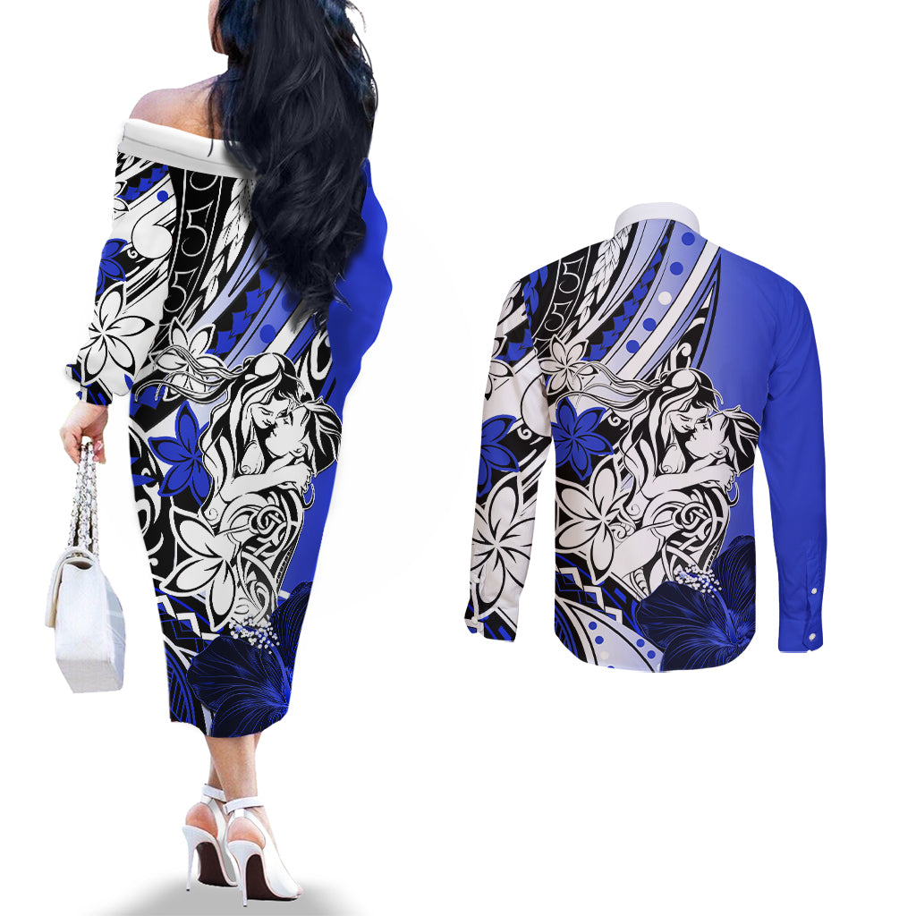 Polynesian Valentine Couples Matching Off The Shoulder Long Sleeve Dress and Long Sleeve Button Shirt Couple Floral Unique Blue Version LT01 - Polynesian Pride