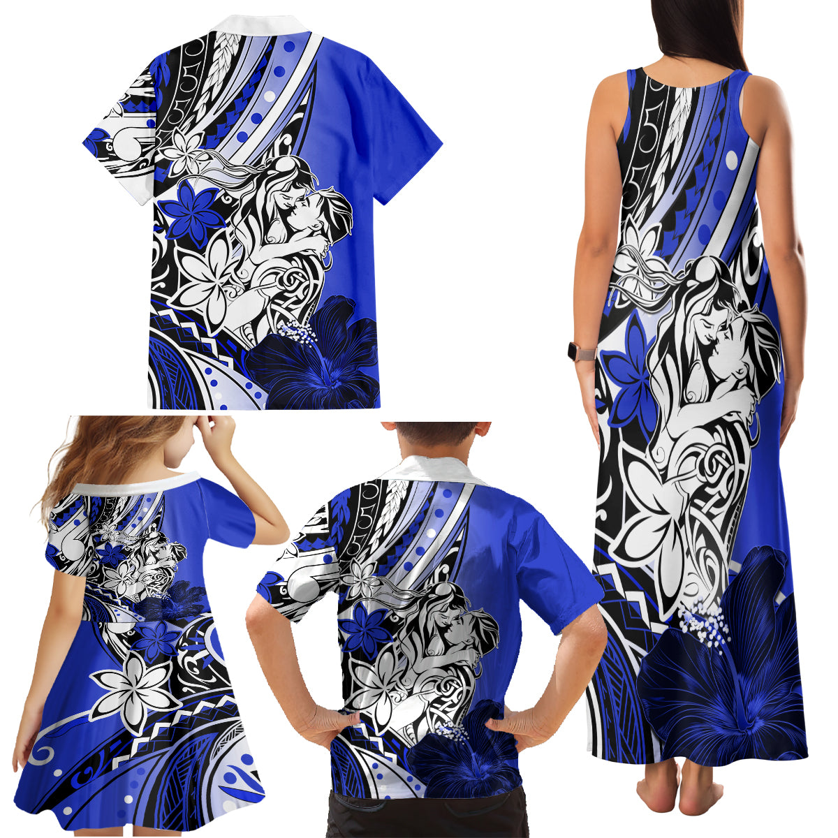 Polynesian Valentine Family Matching Tank Maxi Dress and Hawaiian Shirt Couple Floral Unique Blue Version LT01 - Polynesian Pride