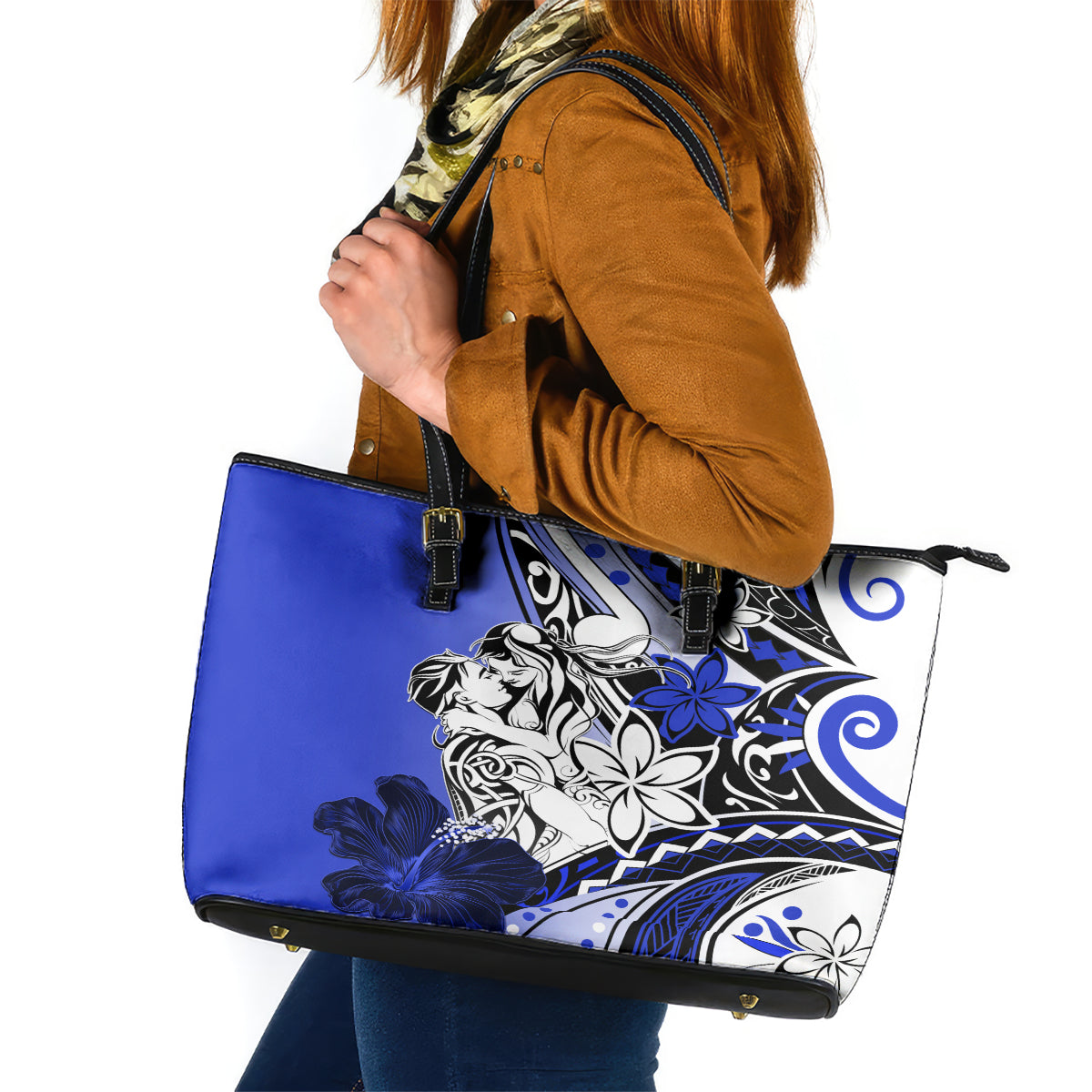 Polynesian Valentine Leather Tote Bag Couple Floral Unique Blue Version LT01 Blue - Polynesian Pride