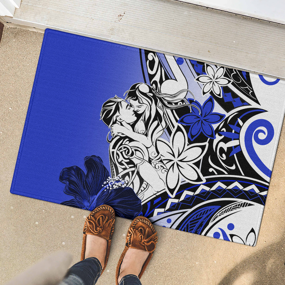 Polynesian Valentine Rubber Doormat Couple Floral Unique Blue Version LT01 - Polynesian Pride