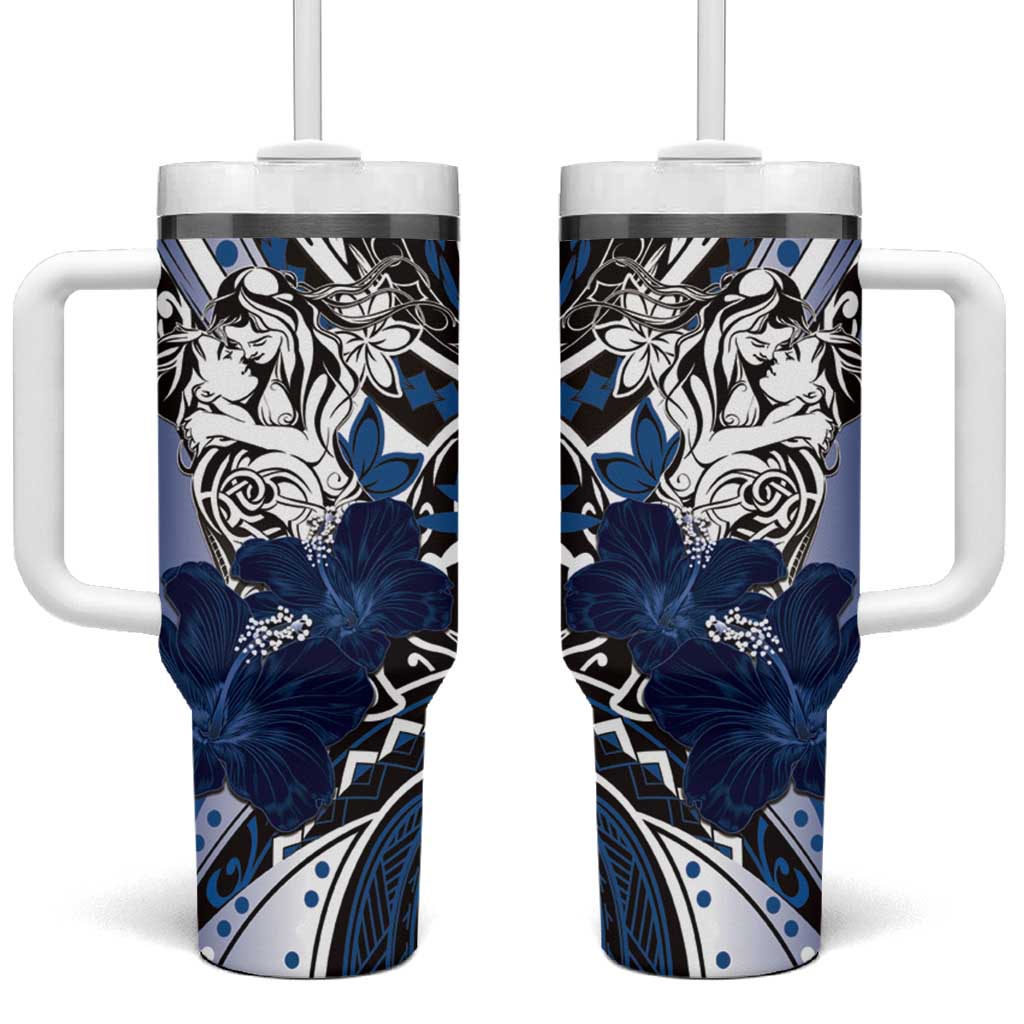 Polynesian Valentine Tumbler With Handle Couple Floral Unique Blue Version