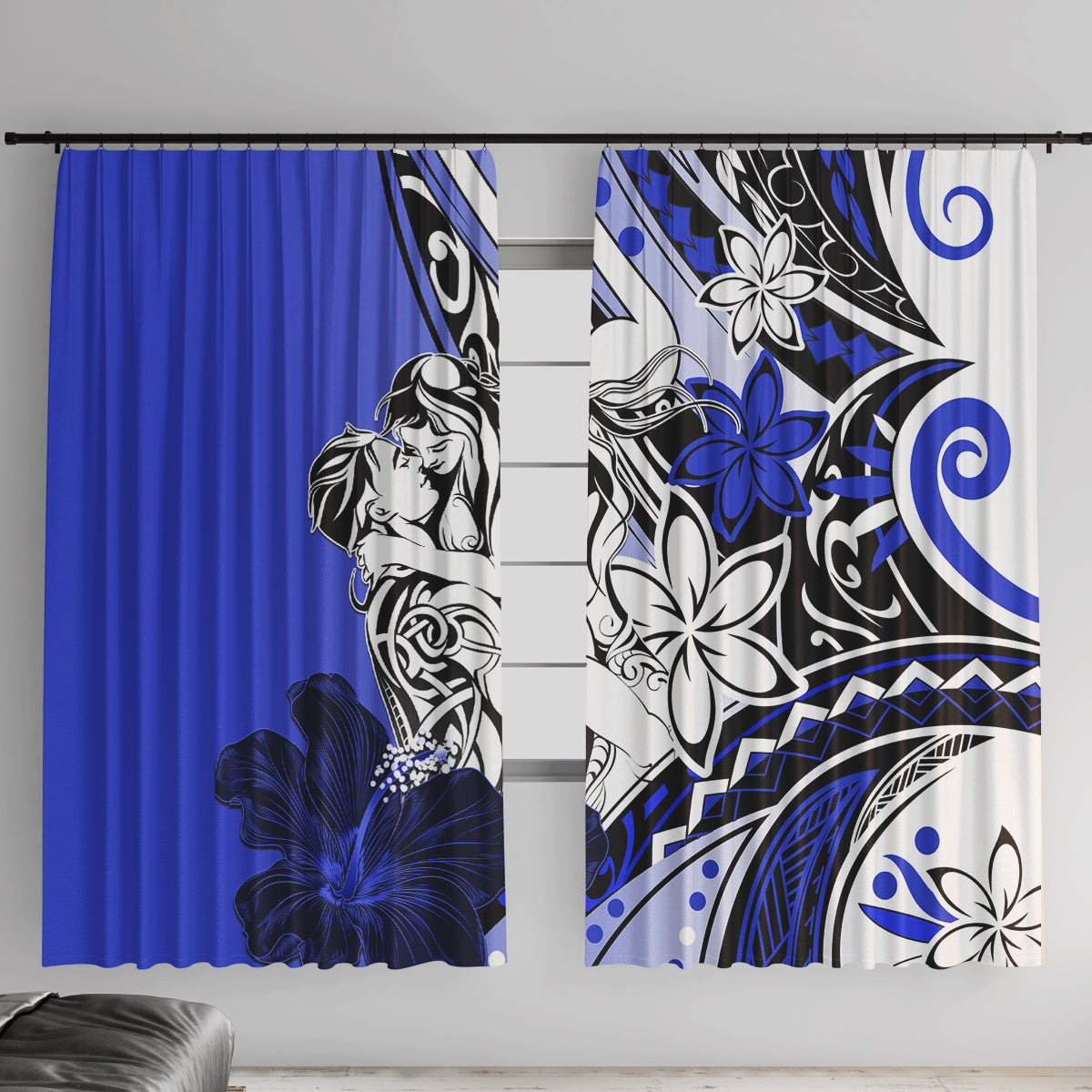 Polynesian Valentine Window Curtain Couple Floral Unique Blue Version LT01 With Hooks Blue - Polynesian Pride