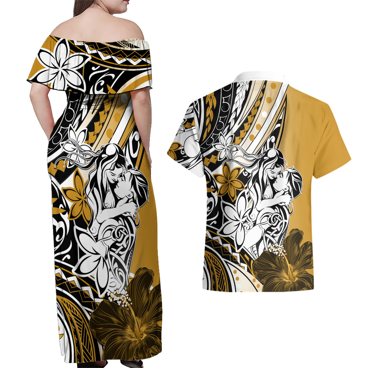 Polynesian Valentine Couples Matching Off Shoulder Maxi Dress and Hawaiian Shirt Couple Floral Unique Gold Version LT01 - Polynesian Pride