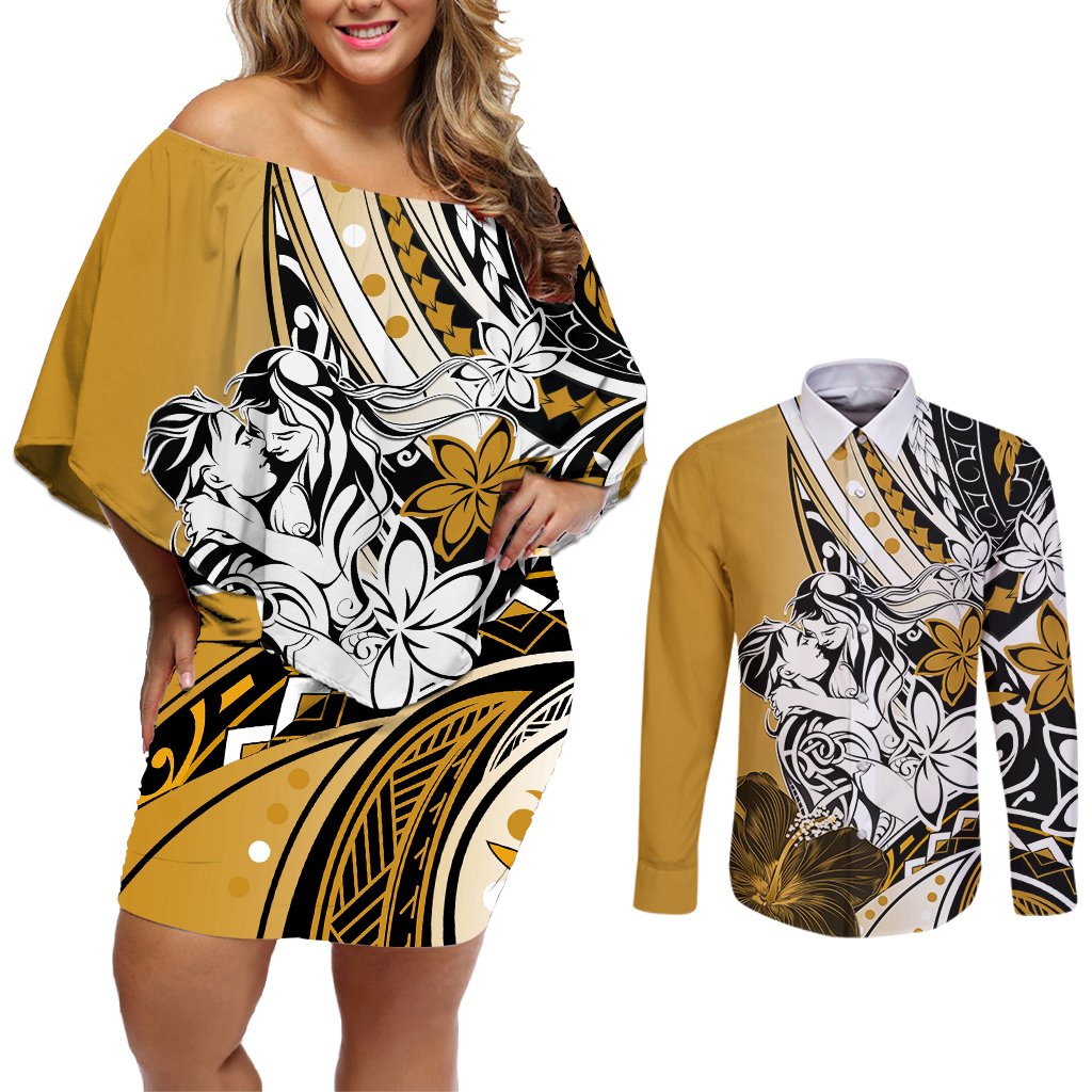 Polynesian Valentine Couples Matching Off Shoulder Short Dress and Long Sleeve Button Shirt Couple Floral Unique Gold Version LT01 Gold - Polynesian Pride