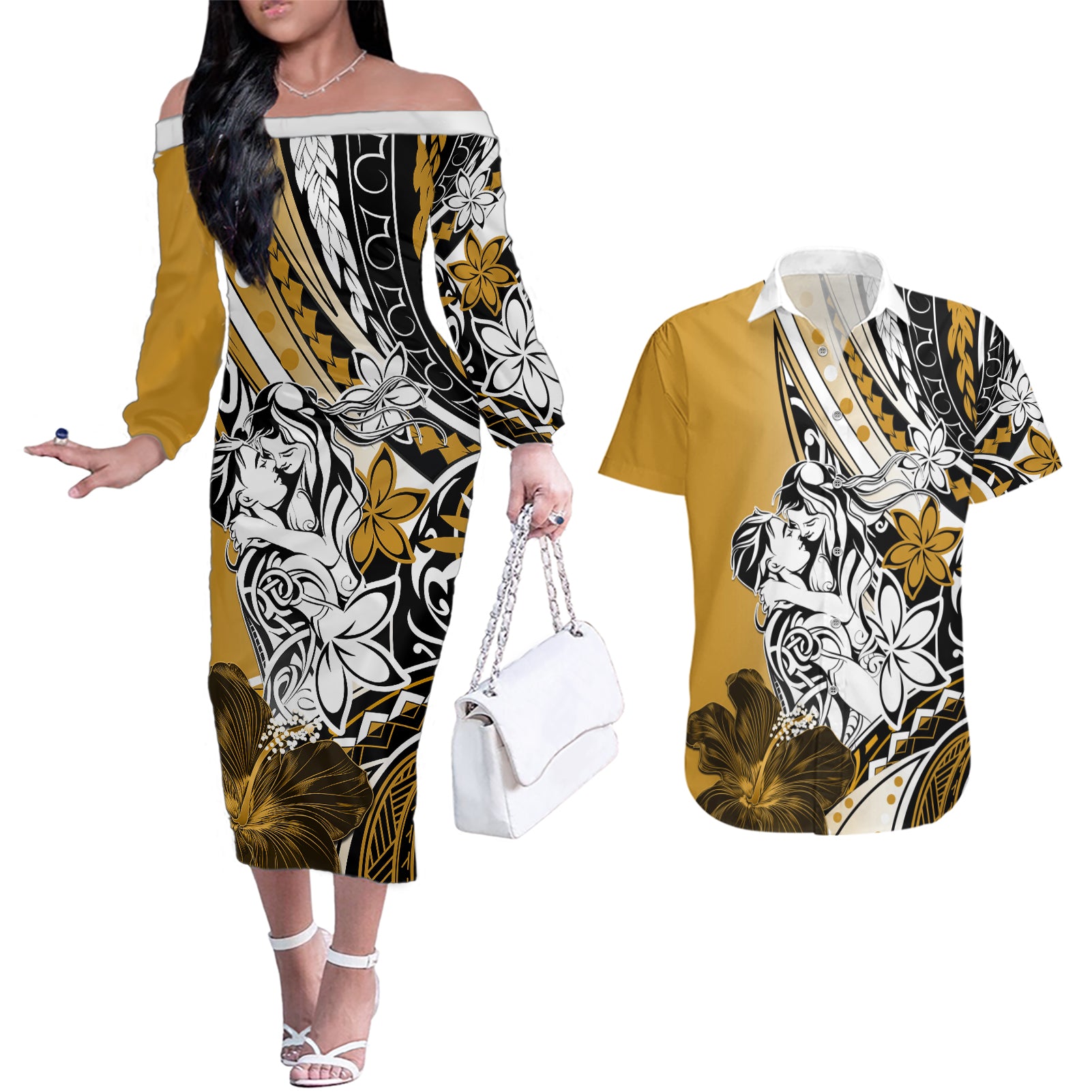 Polynesian Valentine Couples Matching Off The Shoulder Long Sleeve Dress and Hawaiian Shirt Couple Floral Unique Gold Version LT01 Gold - Polynesian Pride