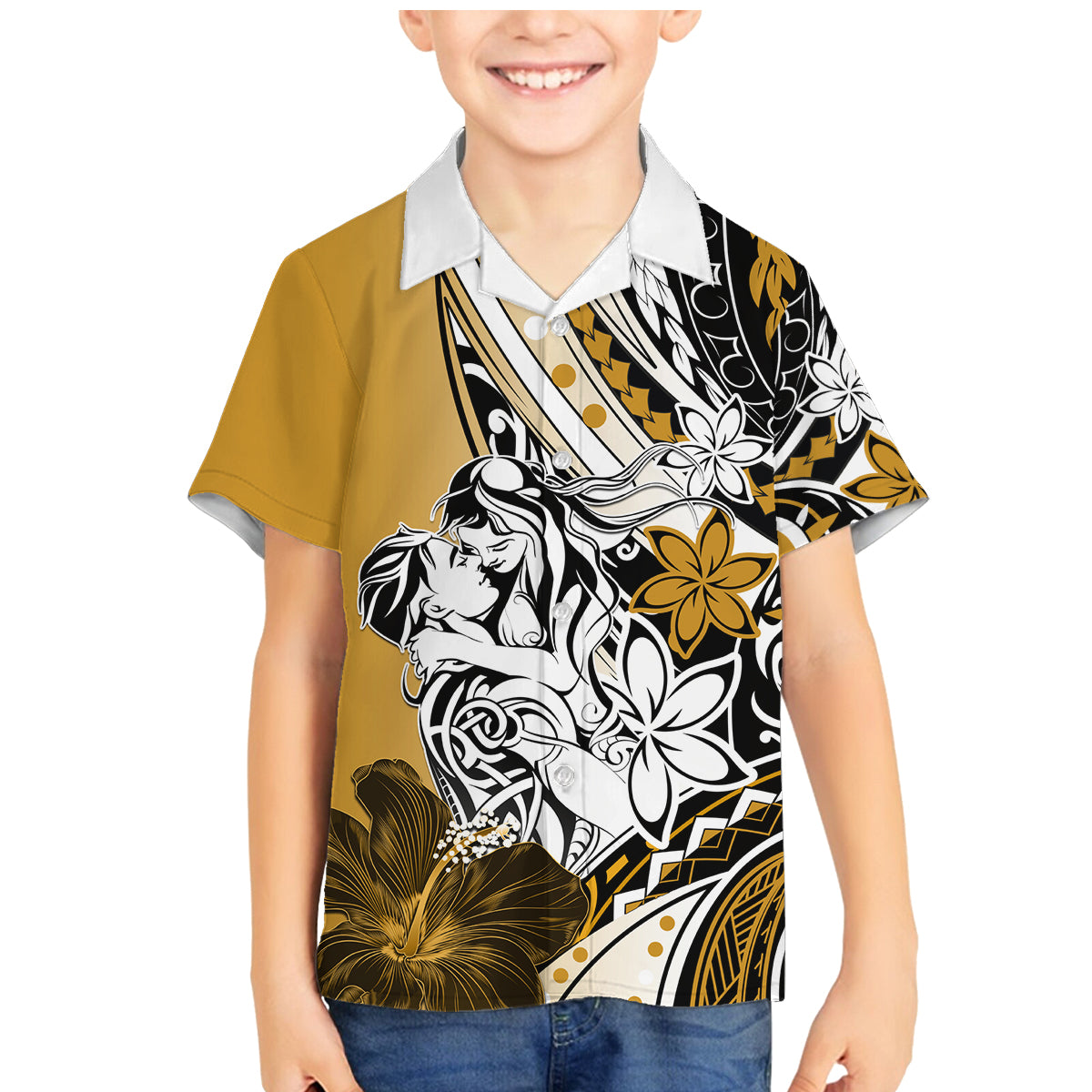 Polynesian Valentine Family Matching Mermaid Dress and Hawaiian Shirt Couple Floral Unique Gold Version LT01 Son's Shirt Gold - Polynesian Pride