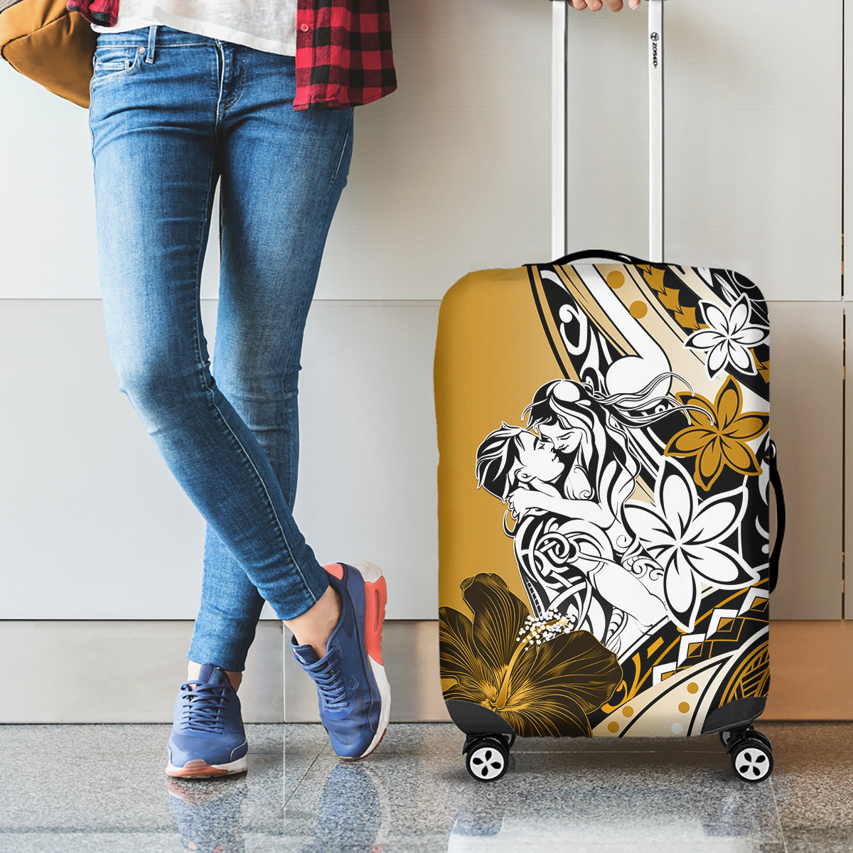 Polynesian Valentine Luggage Cover Couple Floral Unique Gold Version LT01 - Polynesian Pride