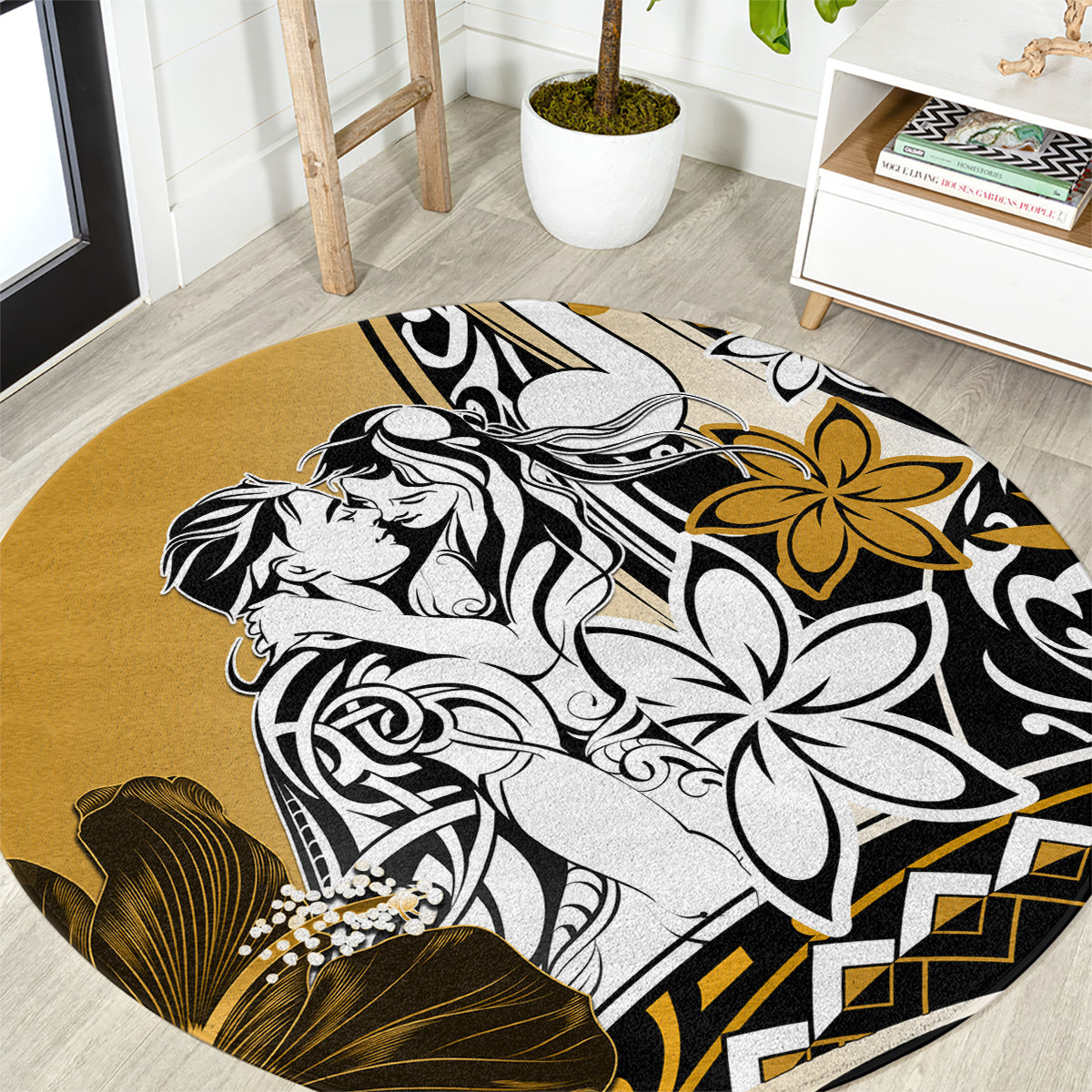 Polynesian Valentine Round Carpet Couple Floral Unique Gold Version LT01 Gold - Polynesian Pride
