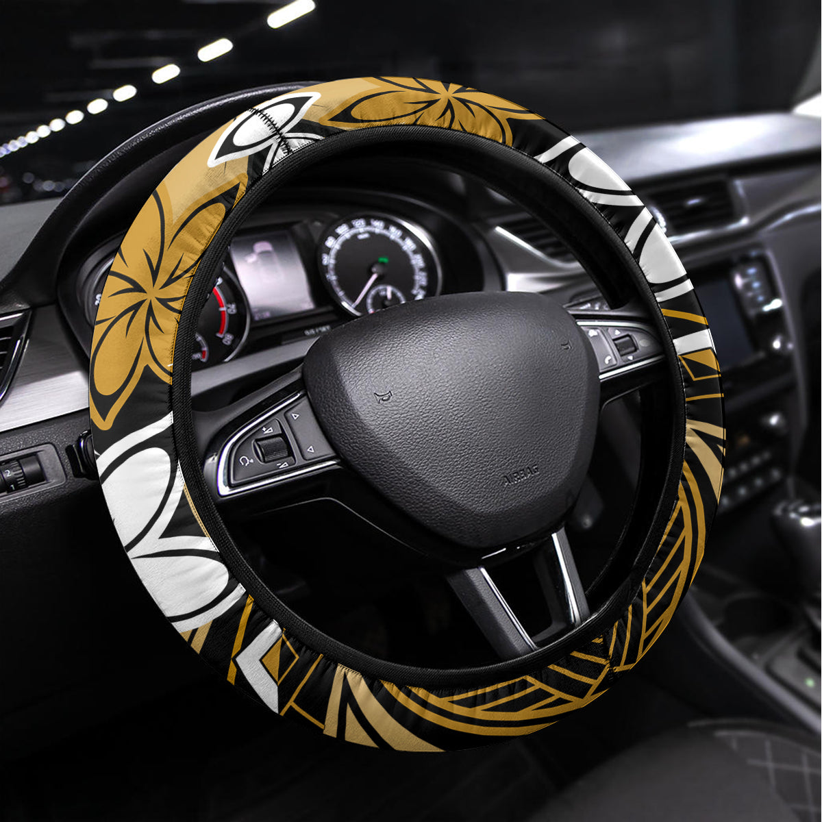 Polynesian Valentine Steering Wheel Cover Couple Floral Unique Gold Version LT01 Universal Fit Gold - Polynesian Pride