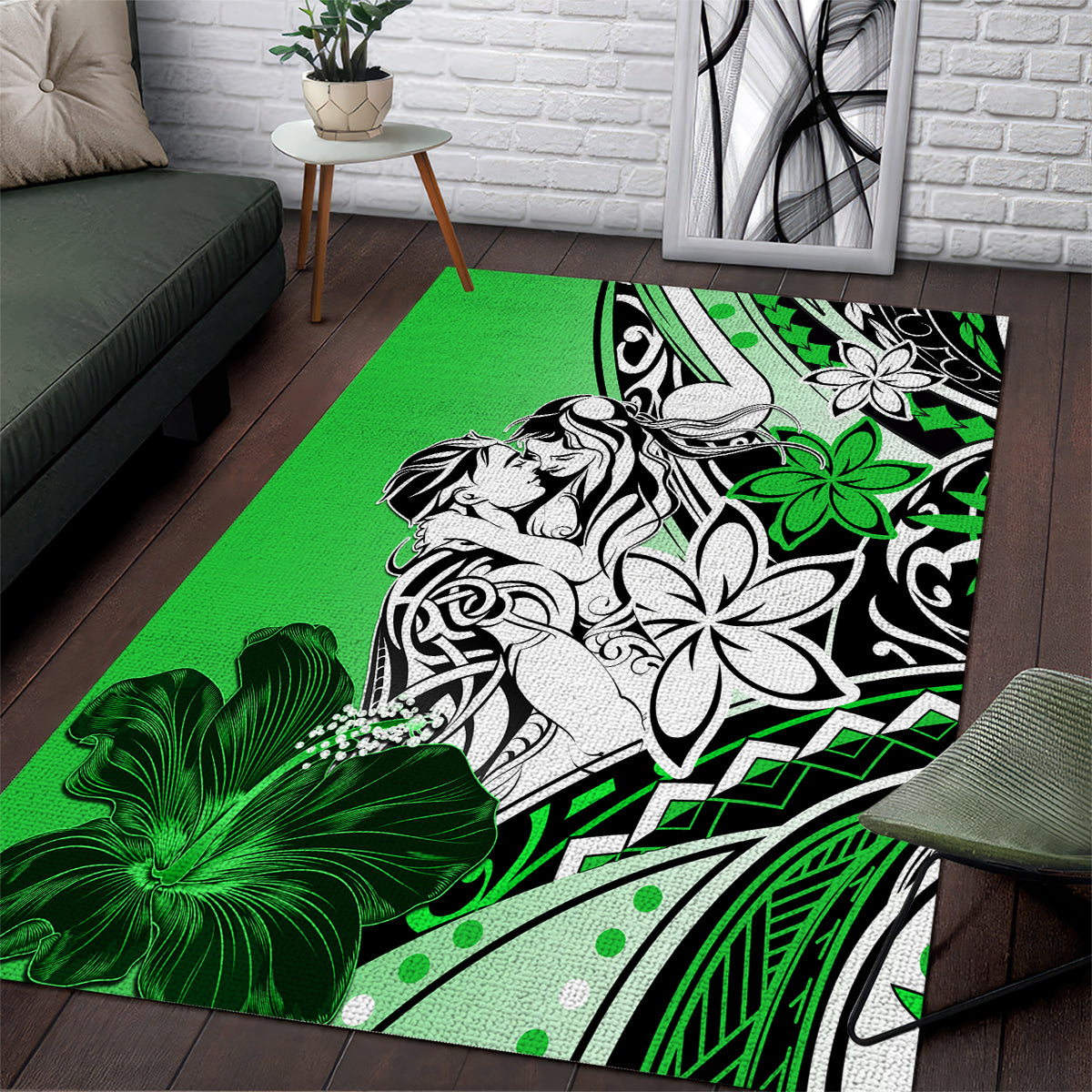 Polynesian Valentine Area Rug Couple Floral Unique Green Version LT01 Green - Polynesian Pride