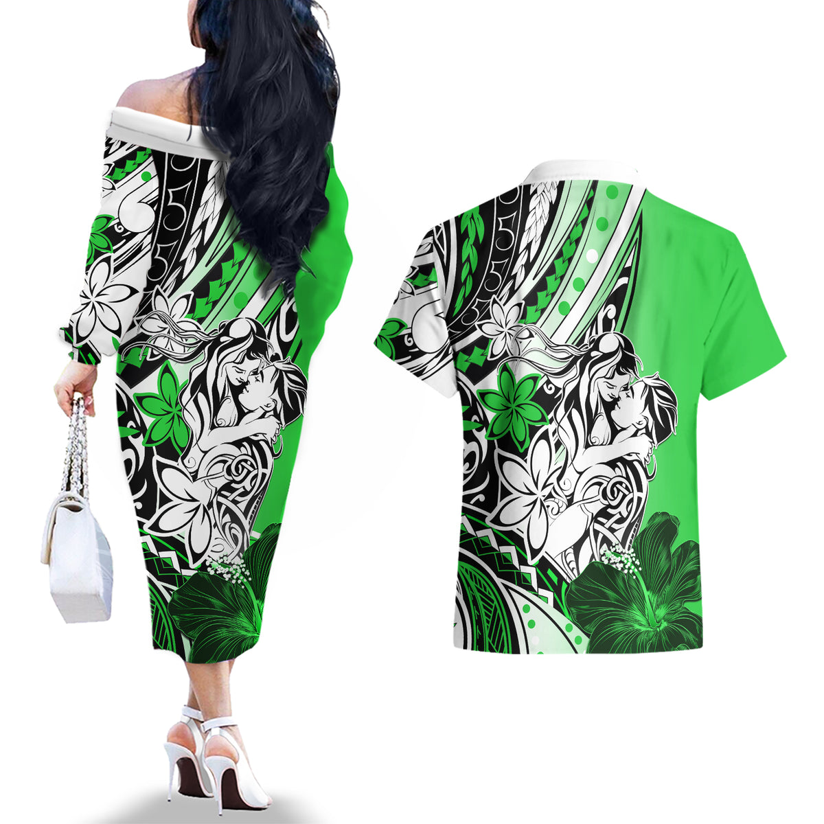 Polynesian Valentine Couples Matching Off The Shoulder Long Sleeve Dress and Hawaiian Shirt Couple Floral Unique Green Version LT01 - Polynesian Pride