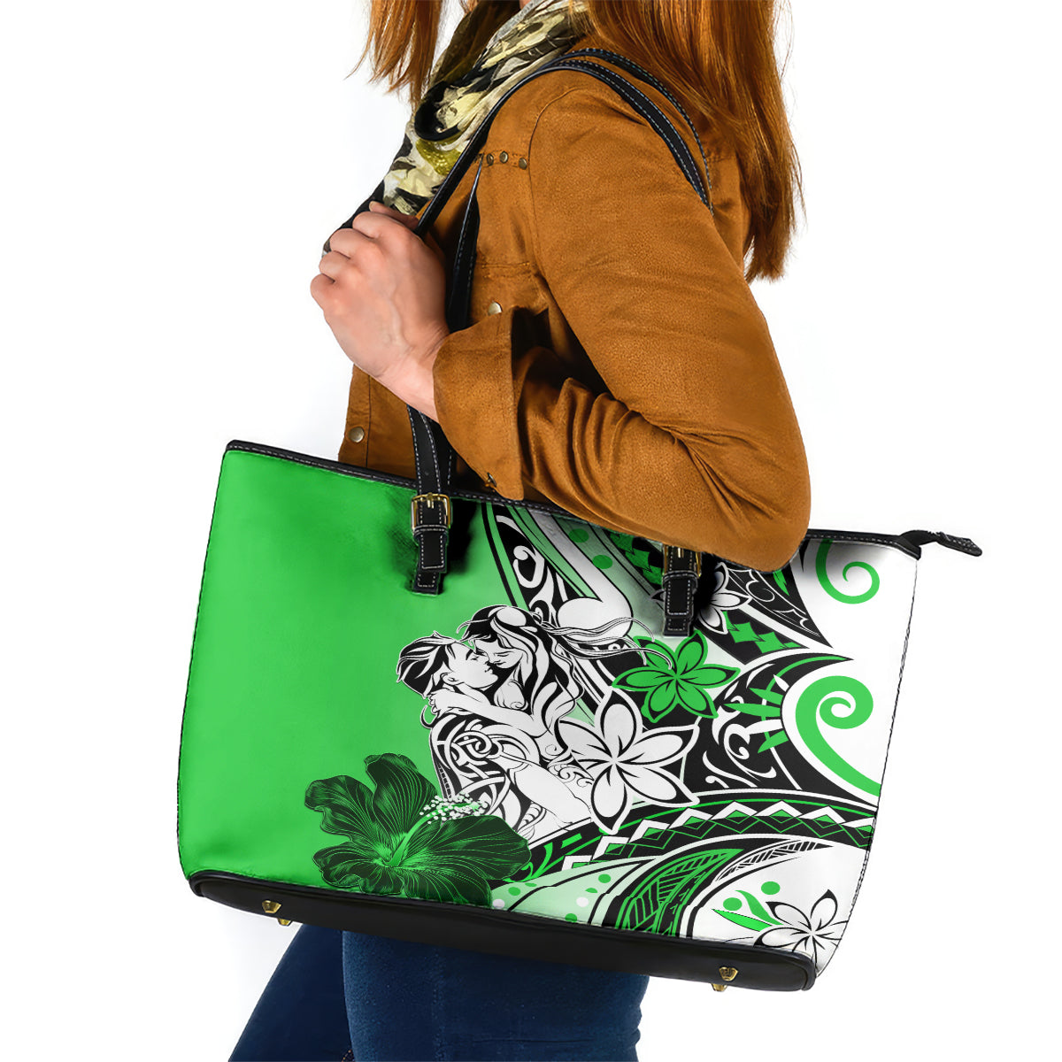 Polynesian Valentine Leather Tote Bag Couple Floral Unique Green Version LT01 Green - Polynesian Pride