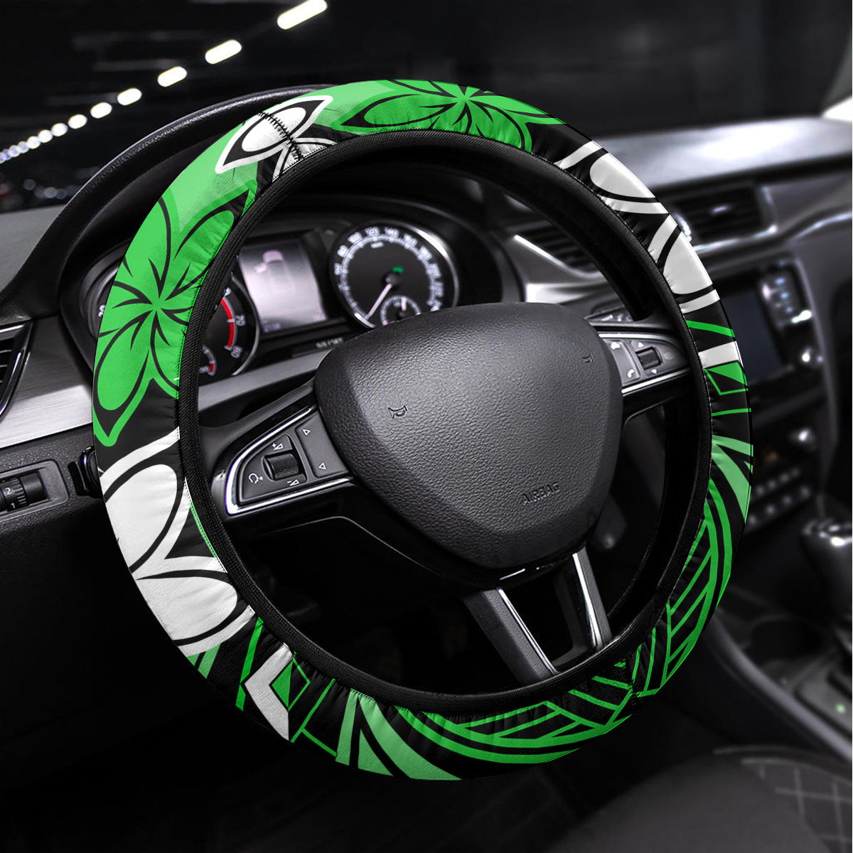 Polynesian Valentine Steering Wheel Cover Couple Floral Unique Green Version LT01 Universal Fit Green - Polynesian Pride