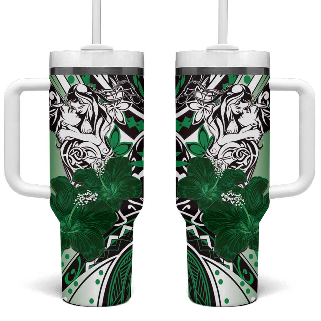 Polynesian Valentine Tumbler With Handle Couple Floral Unique Green Version