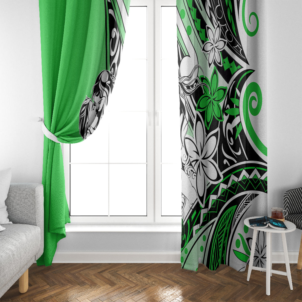 Polynesian Valentine Window Curtain Couple Floral Unique Green Version LT01 - Polynesian Pride