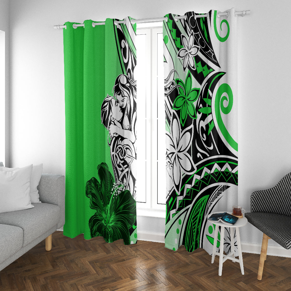 Polynesian Valentine Window Curtain Couple Floral Unique Green Version LT01 With Grommets Green - Polynesian Pride