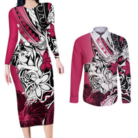 Polynesian Valentine Couples Matching Long Sleeve Bodycon Dress and Long Sleeve Button Shirt Couple Floral Unique Pink Version LT01 Pink - Polynesian Pride