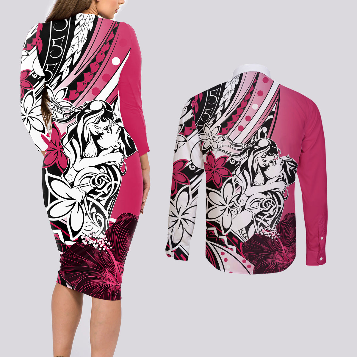 Polynesian Valentine Couples Matching Long Sleeve Bodycon Dress and Long Sleeve Button Shirt Couple Floral Unique Pink Version LT01 - Polynesian Pride