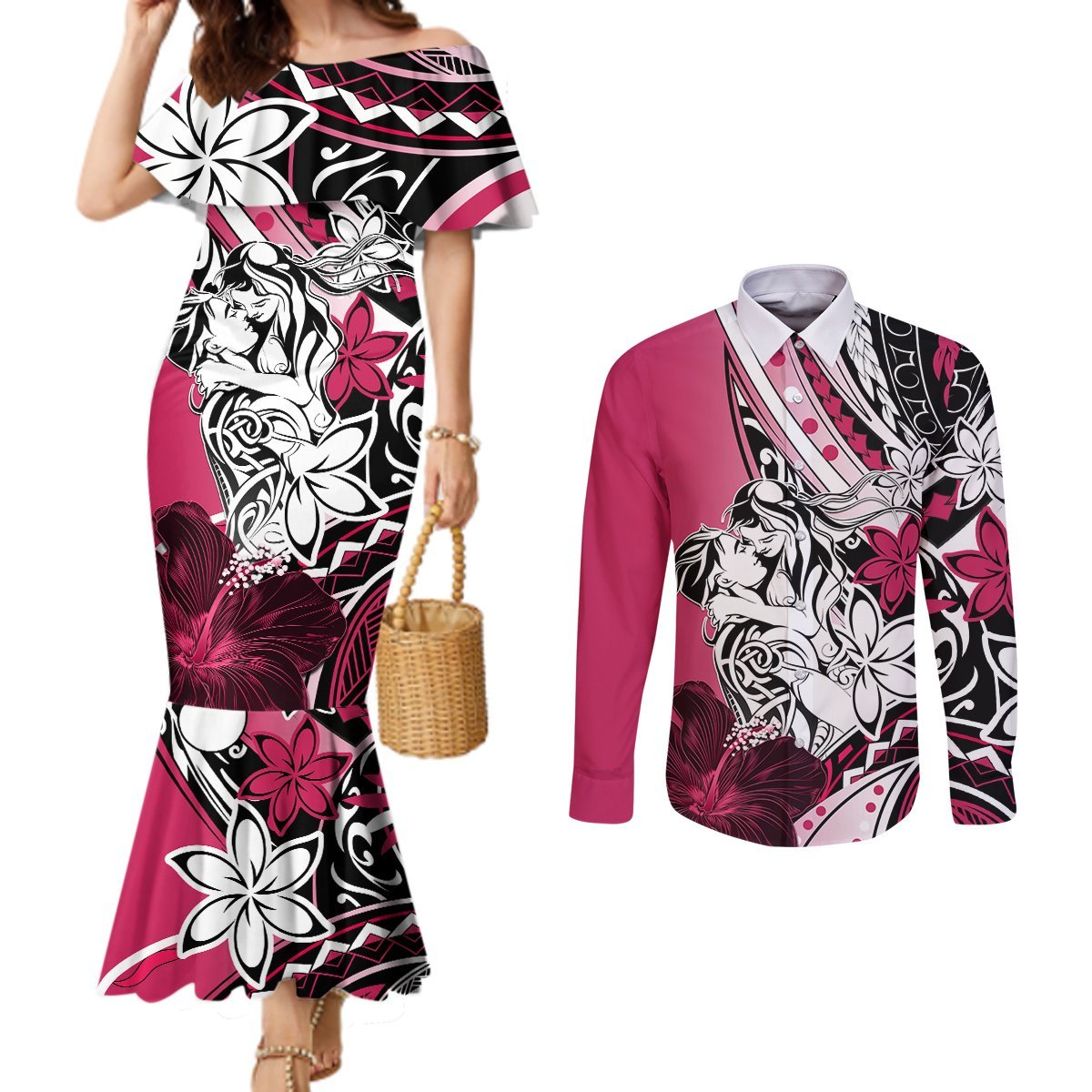 Polynesian Valentine Couples Matching Mermaid Dress and Long Sleeve Button Shirt Couple Floral Unique Pink Version LT01 Pink - Polynesian Pride
