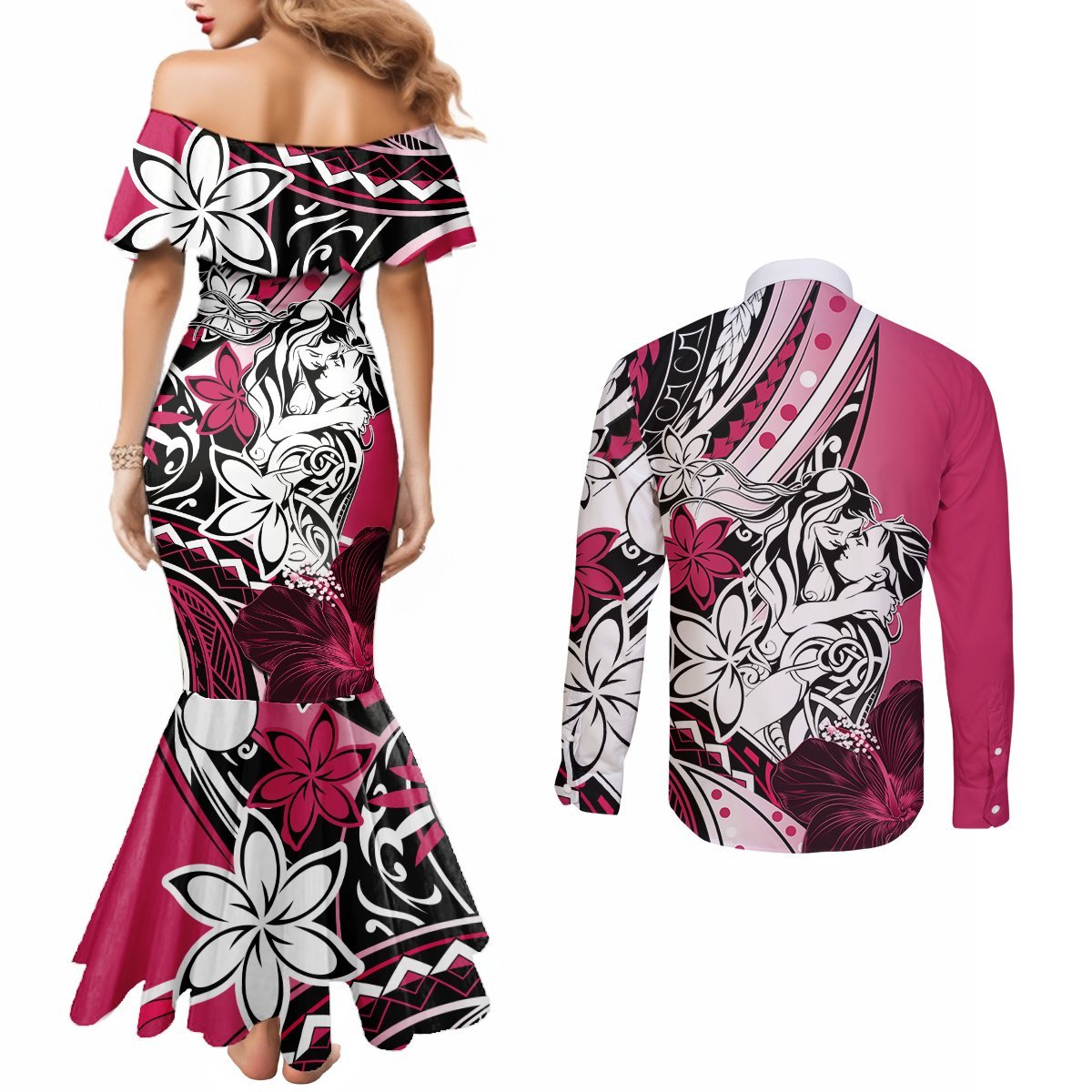 Polynesian Valentine Couples Matching Mermaid Dress and Long Sleeve Button Shirt Couple Floral Unique Pink Version LT01 - Polynesian Pride