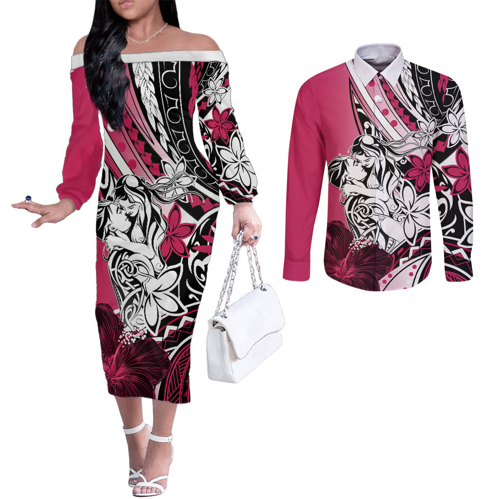 Polynesian Valentine Couples Matching Off The Shoulder Long Sleeve Dress and Long Sleeve Button Shirt Couple Floral Unique Pink Version LT01 Pink - Polynesian Pride