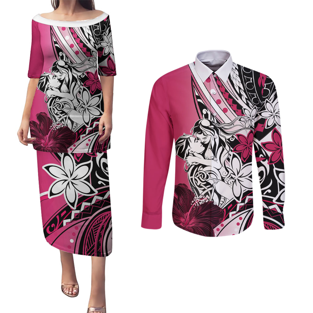 Polynesian Valentine Couples Matching Puletasi and Long Sleeve Button Shirt Couple Floral Unique Pink Version LT01 Pink - Polynesian Pride