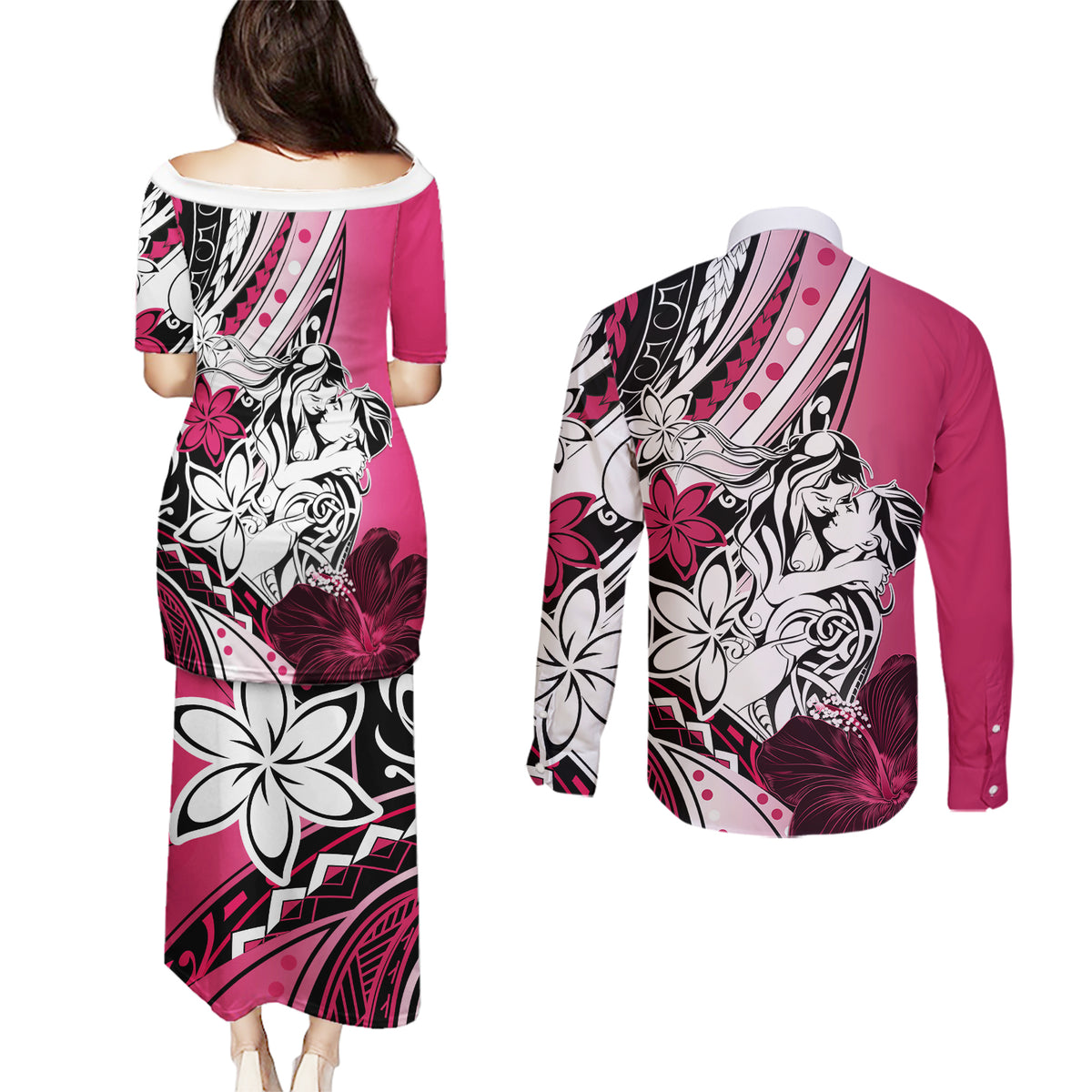 Polynesian Valentine Couples Matching Puletasi and Long Sleeve Button Shirt Couple Floral Unique Pink Version LT01 - Polynesian Pride