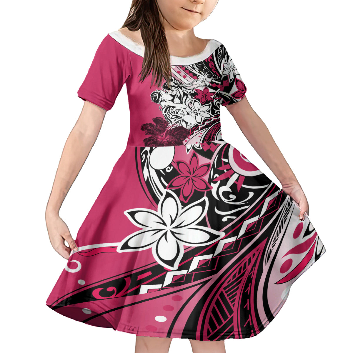 Polynesian Valentine Family Matching Long Sleeve Bodycon Dress and Hawaiian Shirt Couple Floral Unique Pink Version LT01 Daughter's Dress Pink - Polynesian Pride
