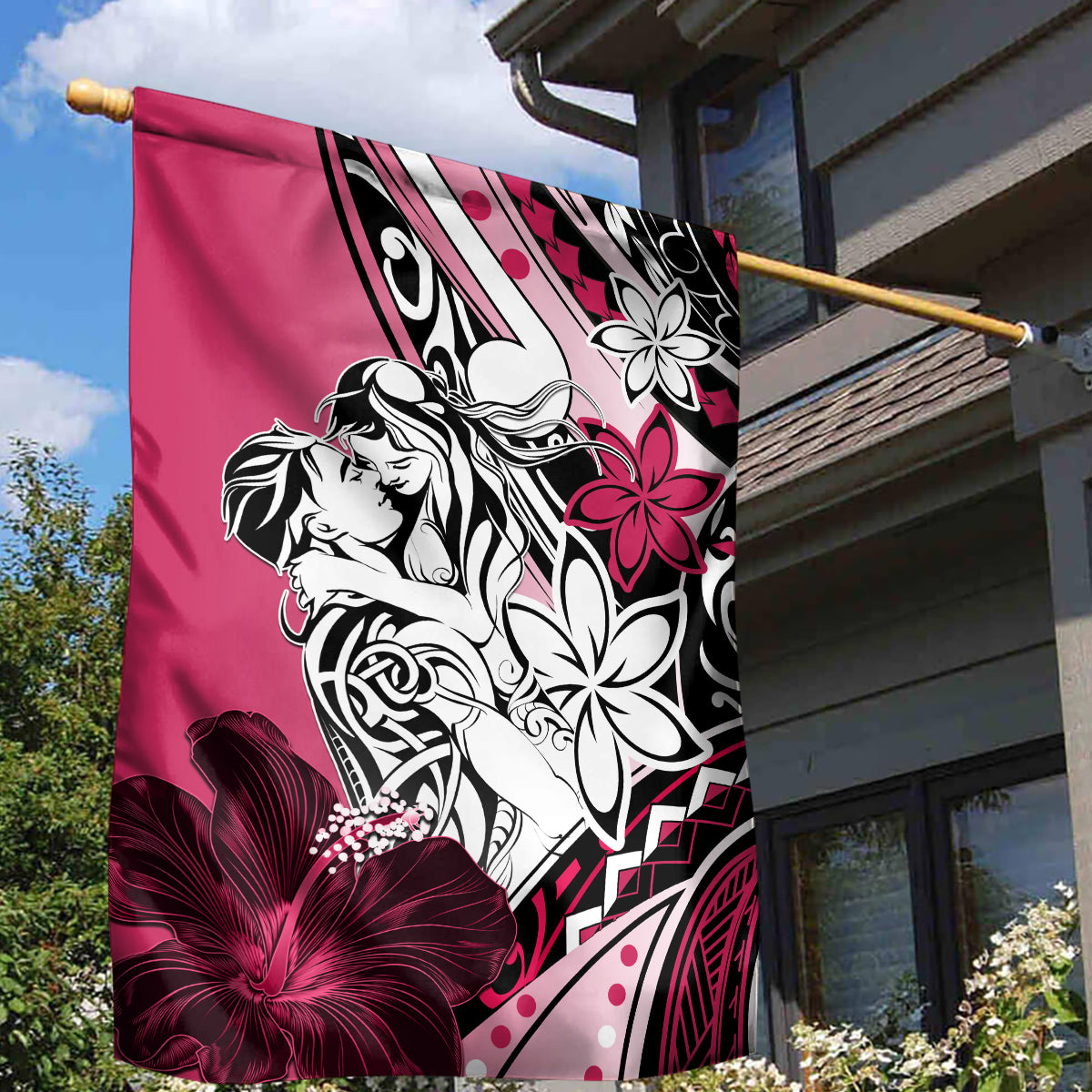 Polynesian Valentine Garden Flag Couple Floral Unique Pink Version LT01 - Polynesian Pride