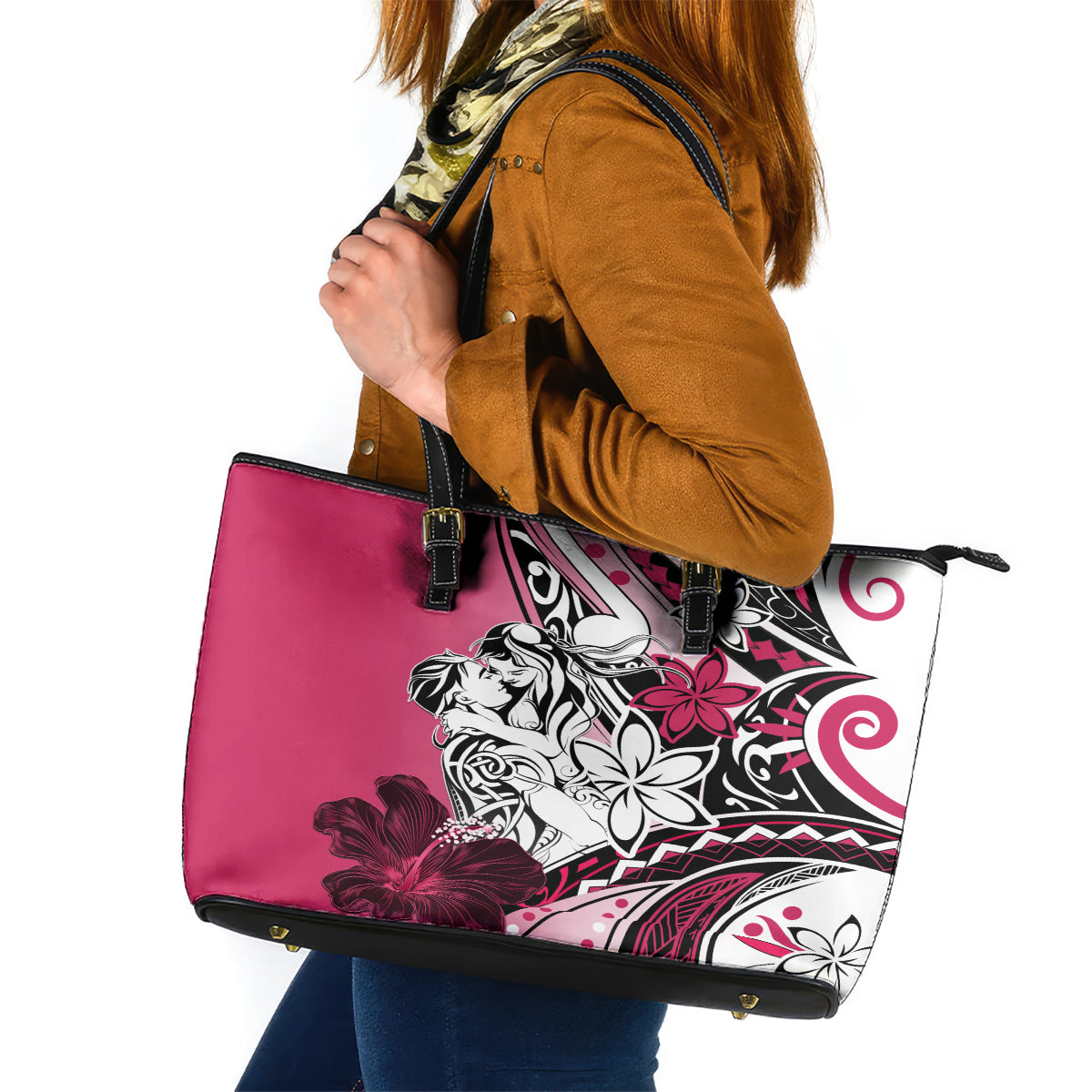 Polynesian Valentine Leather Tote Bag Couple Floral Unique Pink Version LT01 Pink - Polynesian Pride