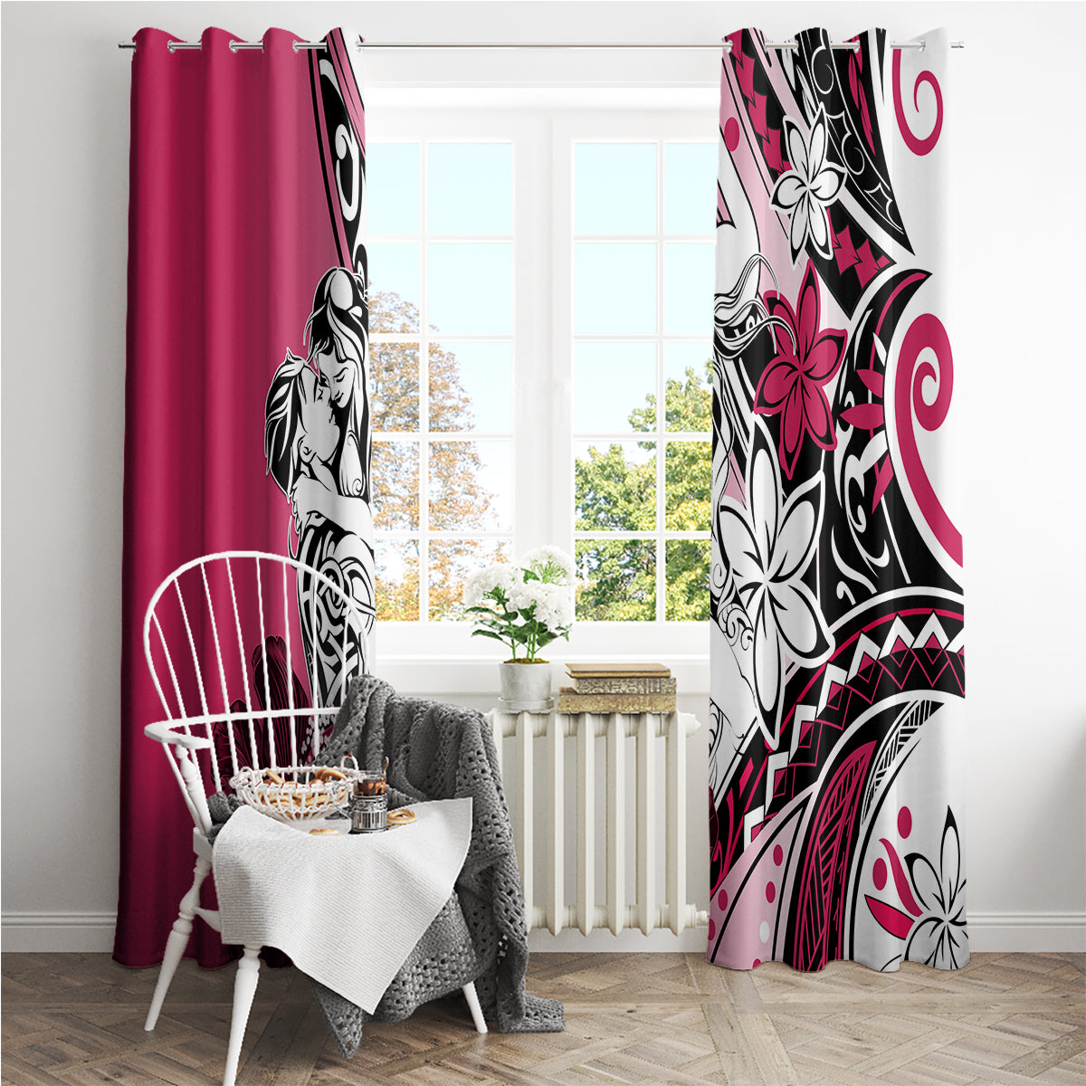 Polynesian Valentine Window Curtain Couple Floral Unique Pink Version LT01 - Polynesian Pride