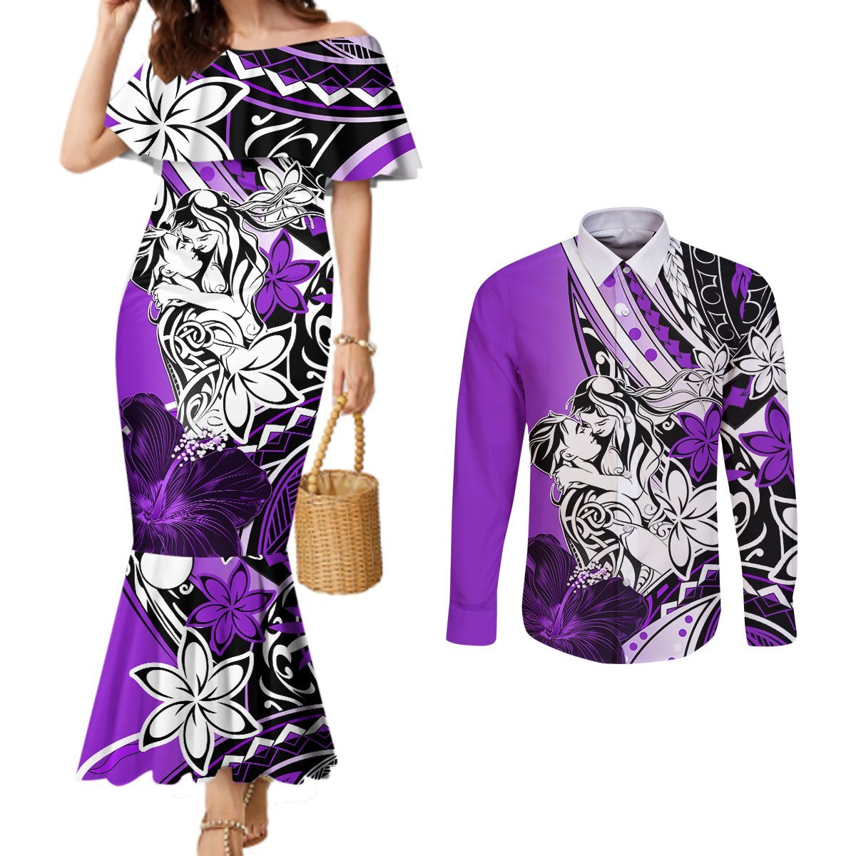 Polynesian Valentine Couples Matching Mermaid Dress and Long Sleeve Button Shirt Couple Floral Unique Purple Version LT01 Purple - Polynesian Pride