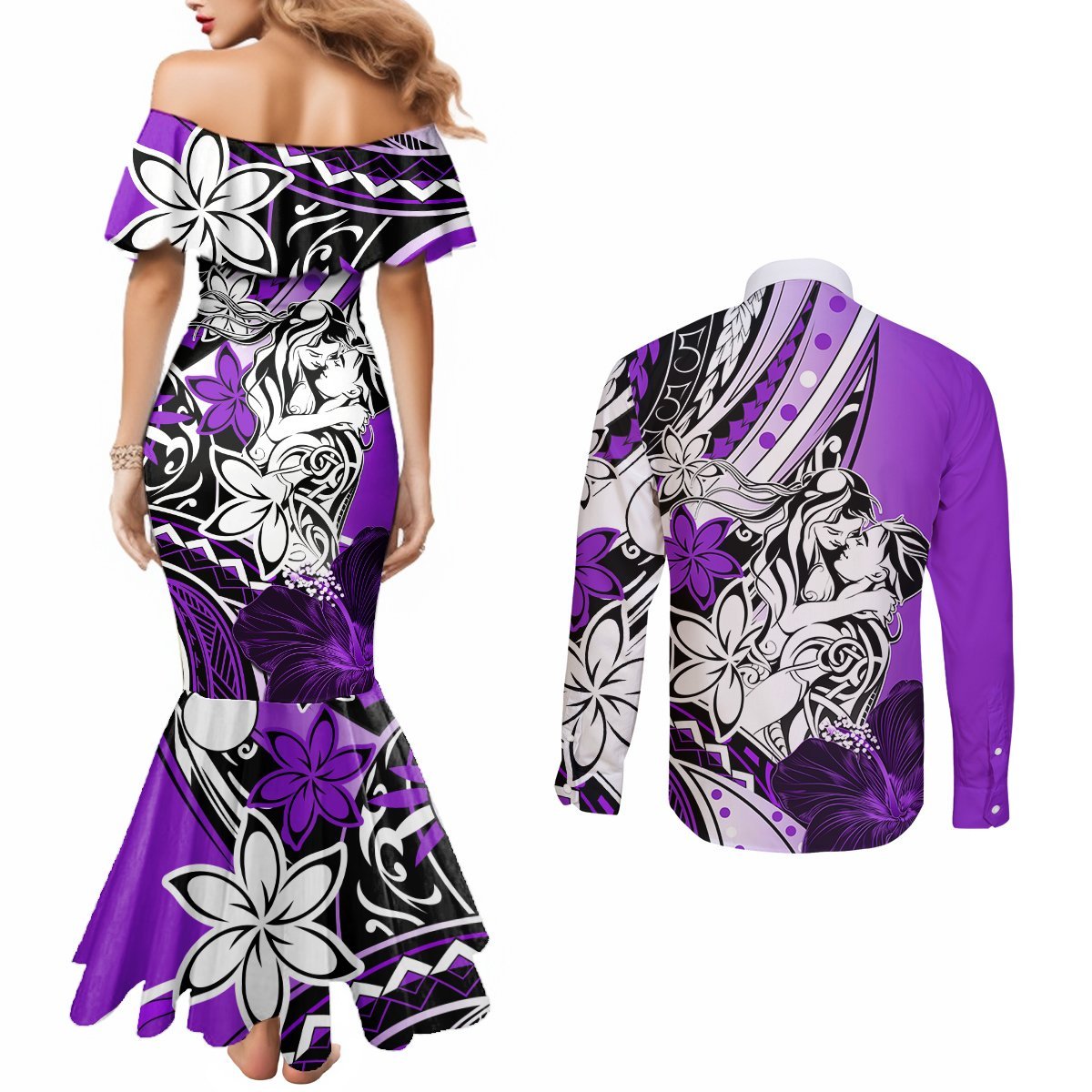 Polynesian Valentine Couples Matching Mermaid Dress and Long Sleeve Button Shirt Couple Floral Unique Purple Version LT01 - Polynesian Pride