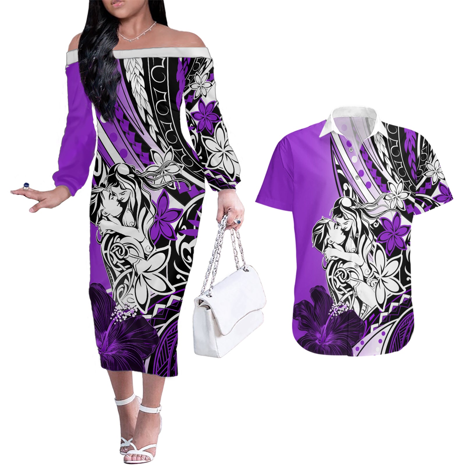 Polynesian Valentine Couples Matching Off The Shoulder Long Sleeve Dress and Hawaiian Shirt Couple Floral Unique Purple Version LT01 Purple - Polynesian Pride