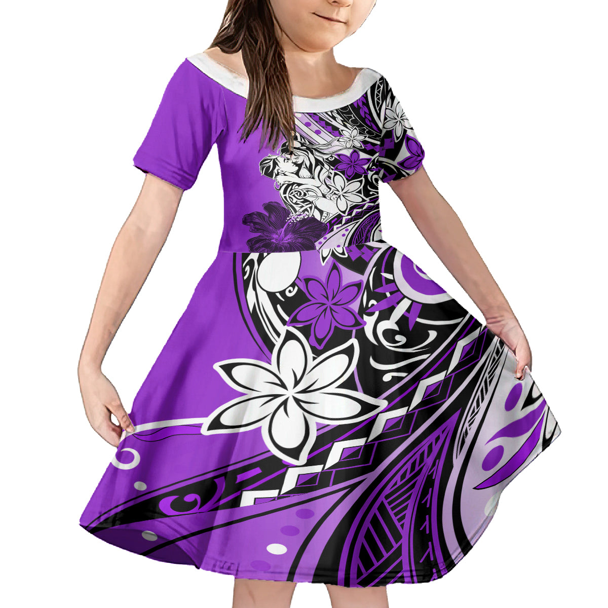 Polynesian Valentine Family Matching Long Sleeve Bodycon Dress and Hawaiian Shirt Couple Floral Unique Purple Version LT01 Daughter's Dress Purple - Polynesian Pride