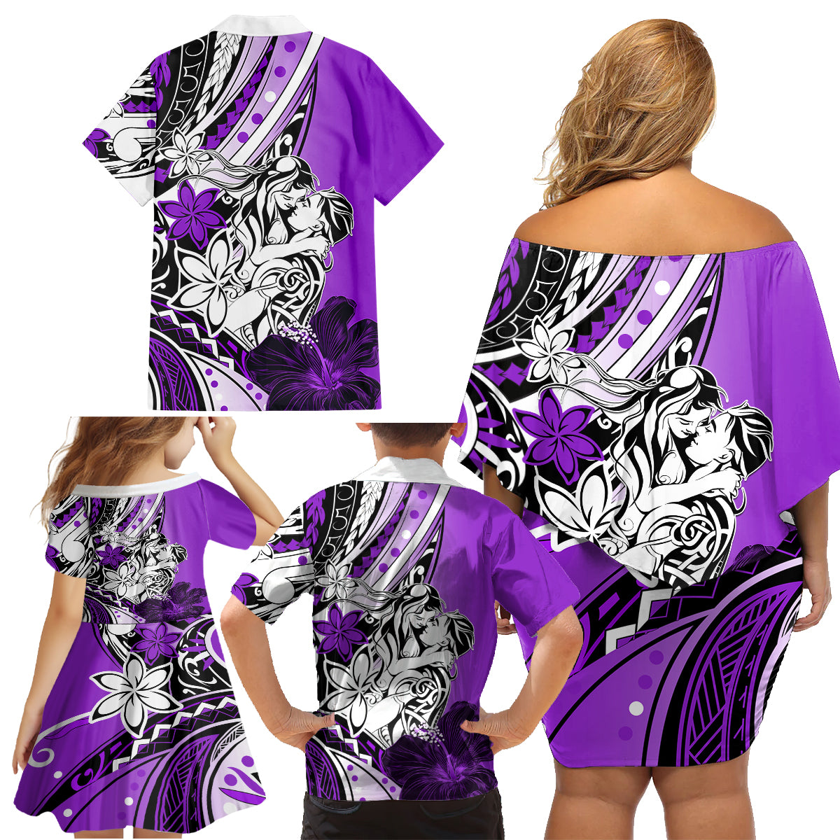 Polynesian Valentine Family Matching Off Shoulder Short Dress and Hawaiian Shirt Couple Floral Unique Purple Version LT01 - Polynesian Pride