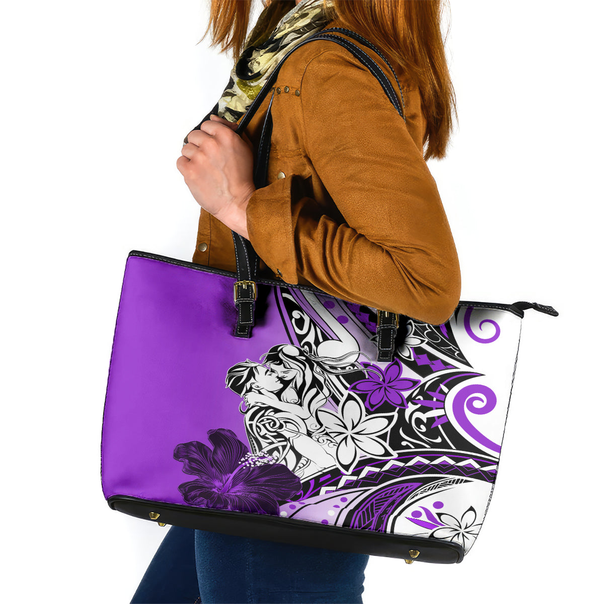 Polynesian Valentine Leather Tote Bag Couple Floral Unique Purple Version LT01 Purple - Polynesian Pride