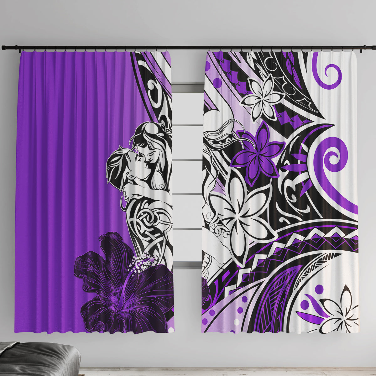 Polynesian Valentine Window Curtain Couple Floral Unique Purple Version LT01 With Hooks Purple - Polynesian Pride